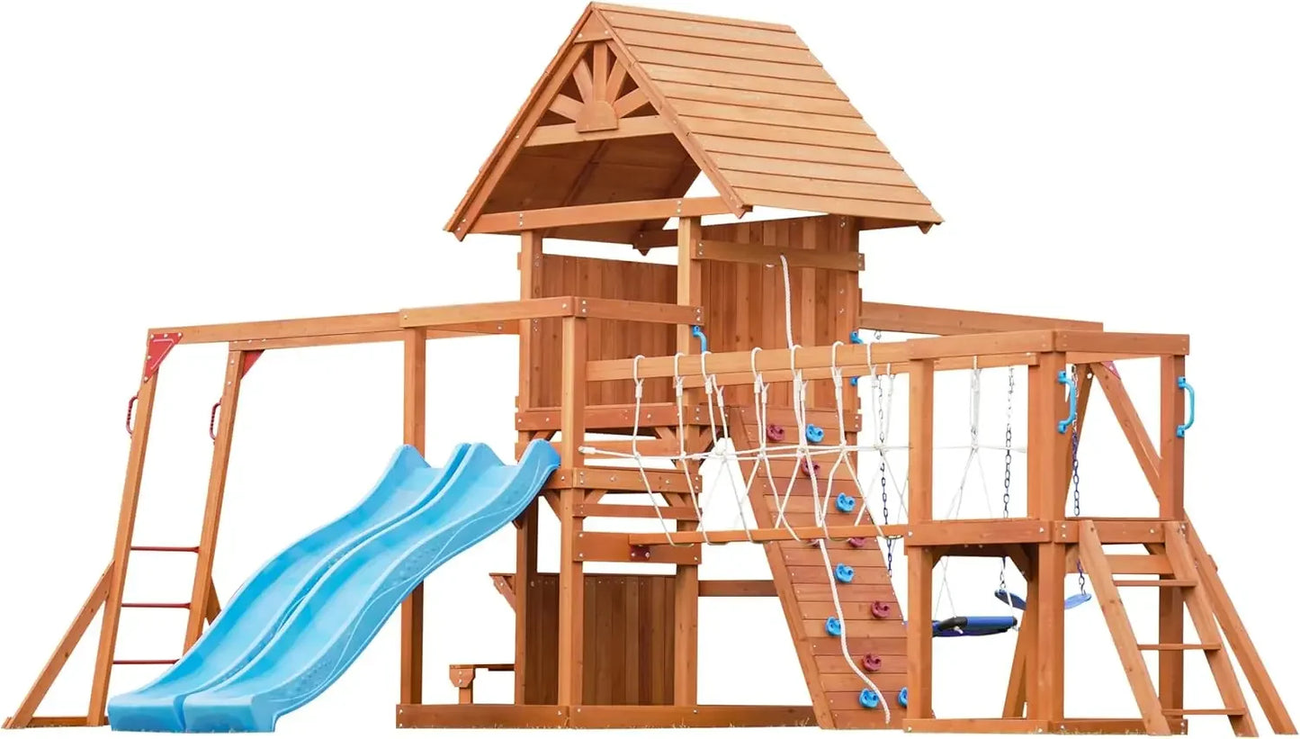 Wooden Backyard Swing Set With Plank Bridge And Monkey Bar