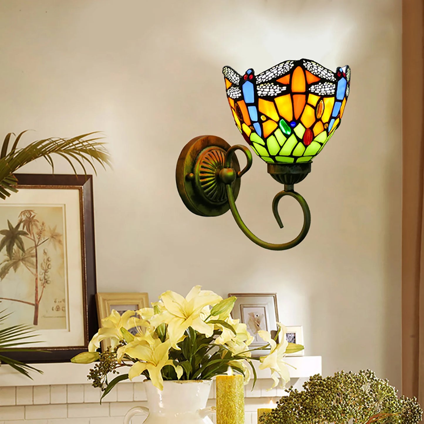 Stained Glass Dragonfly Wall Light Sconce E27 Holder