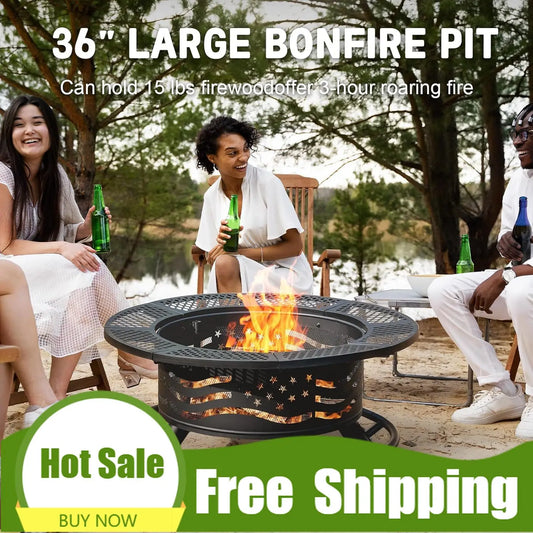 XMSJ Premium Fire Pit With 2 Cooking Grates Outdoor BBQ