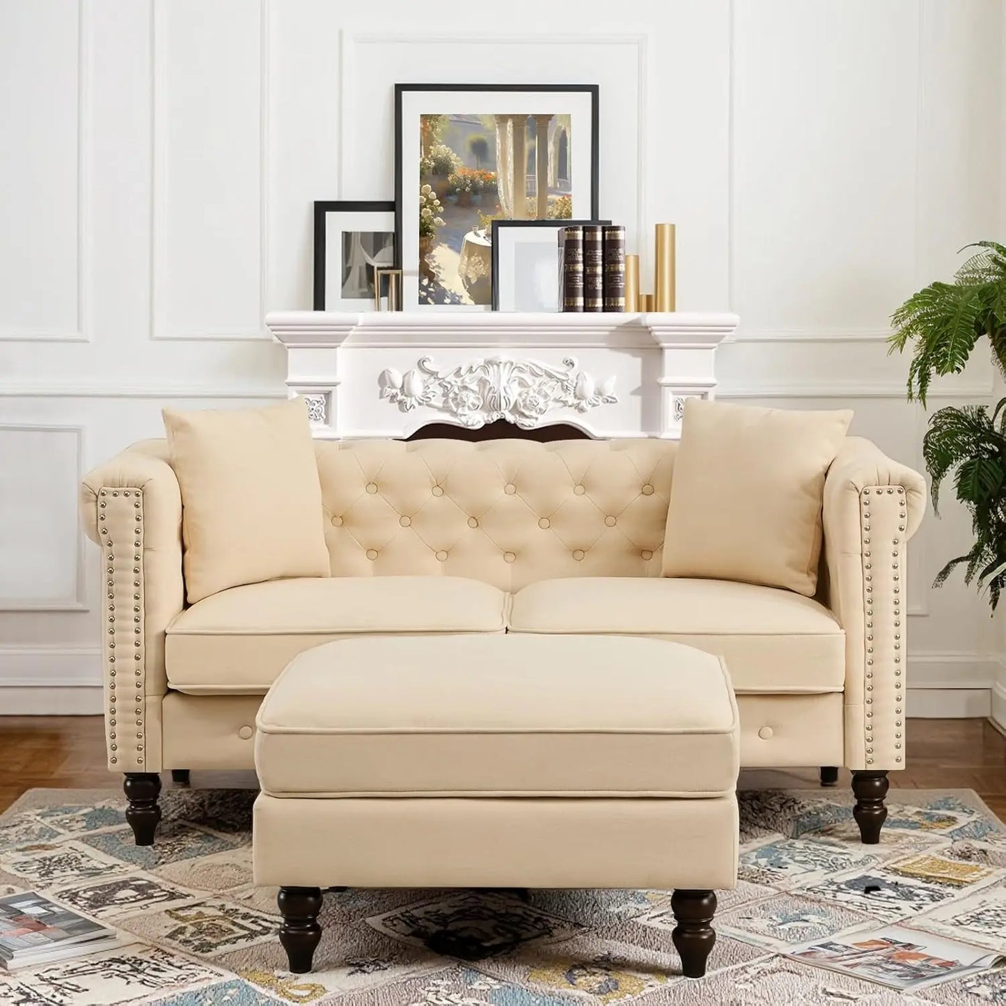 XMSJ Chesterfield Tufted Linen Sofa With Gourd Legs