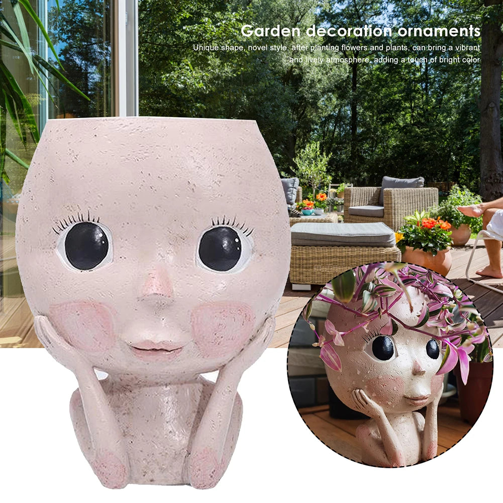 Flower Pot Girl Face Head Figurine Decor For Garden Pots