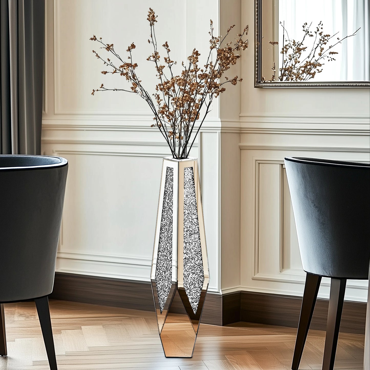 Function Tall Floor Mirror Vase With Crushed Diamond Glass