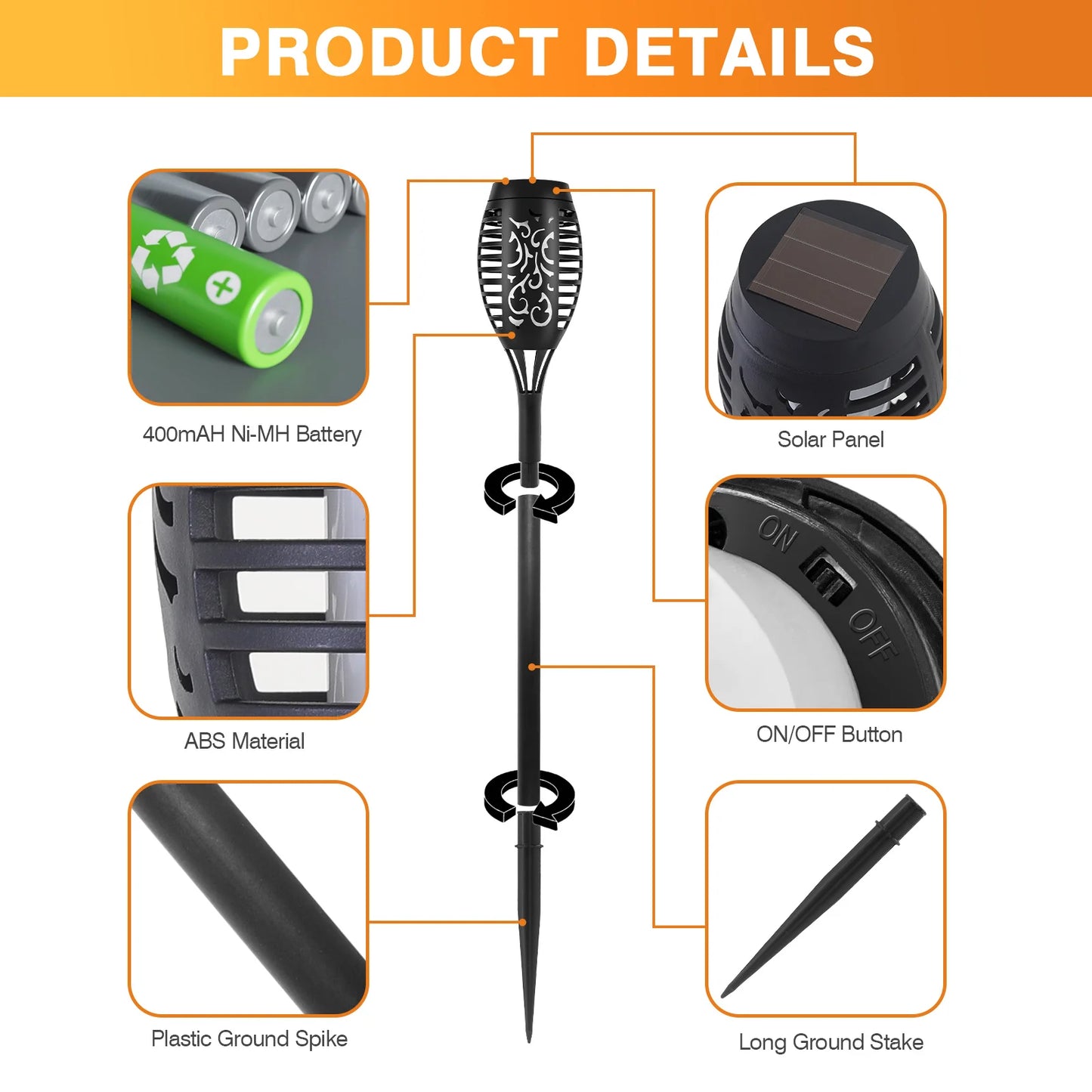 Solar Torch Lights With Flickering Flame Outdoor LED Pathway