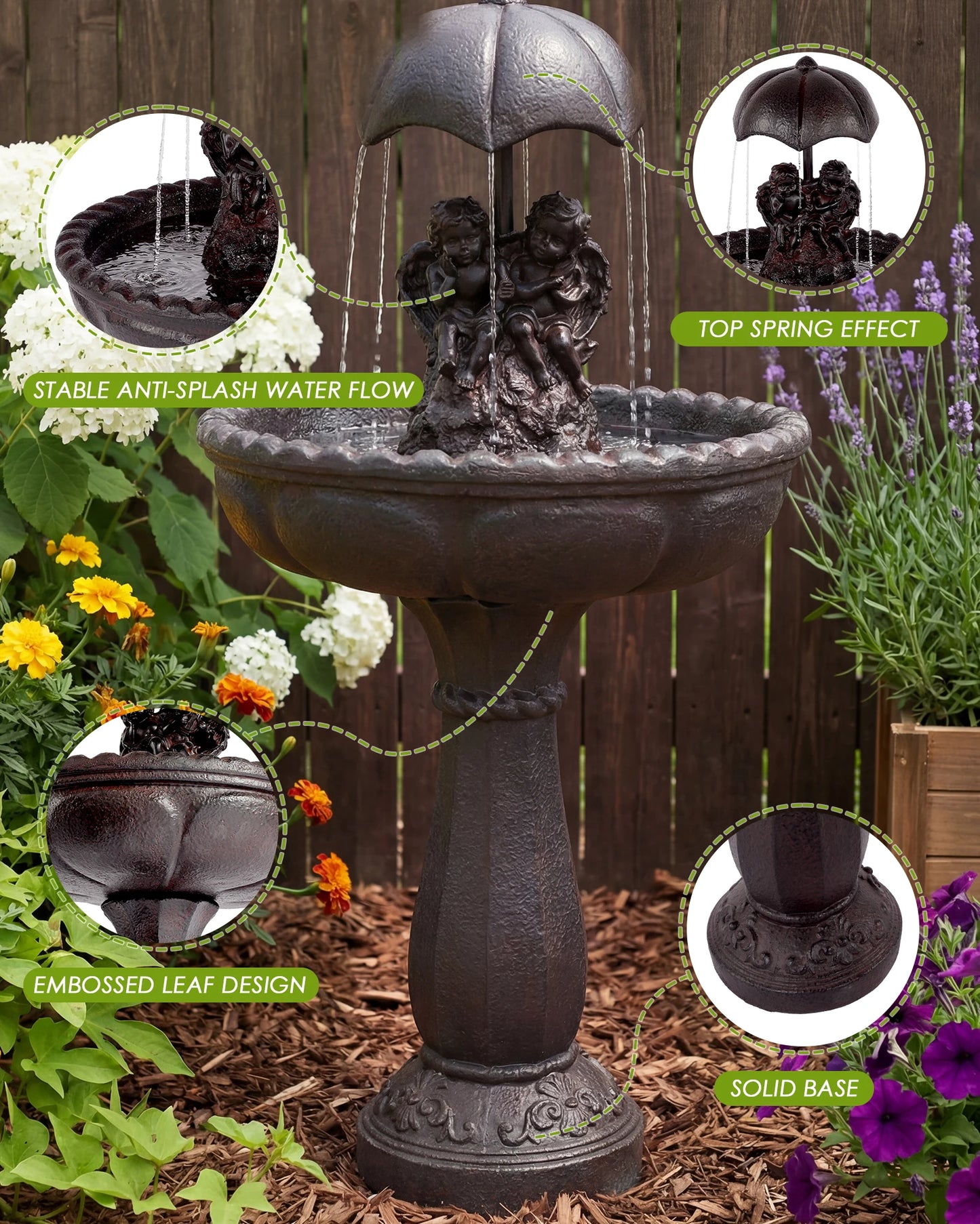 Solar Outdoor Water Fountain With Whisper Quiet Pump Cascading Waterfall
