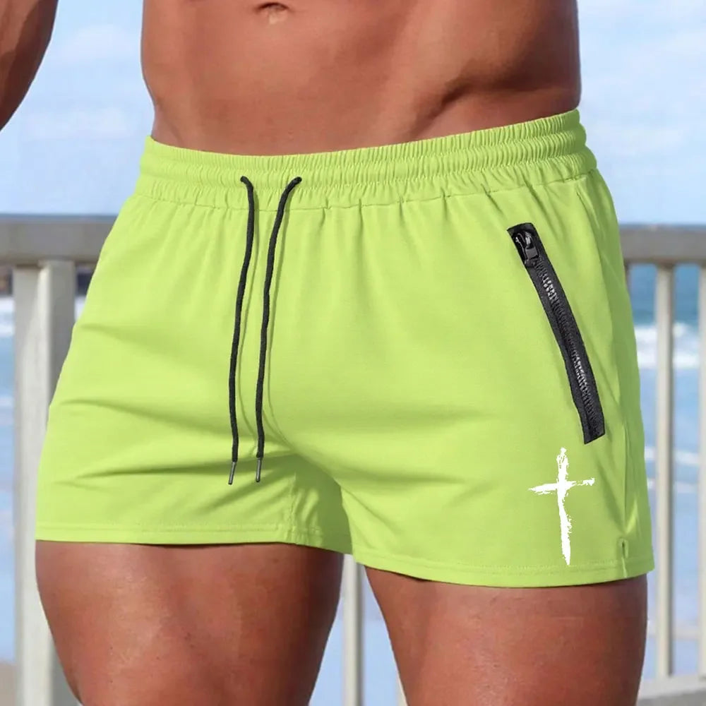 CN Men Cross Print Beach Shorts Quick Dry Zipper Pockets