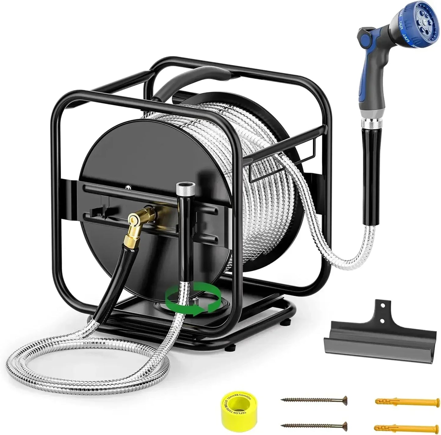 XMSJ Heavy Duty Metal Garden Hose Reel With Stainless Nozzle