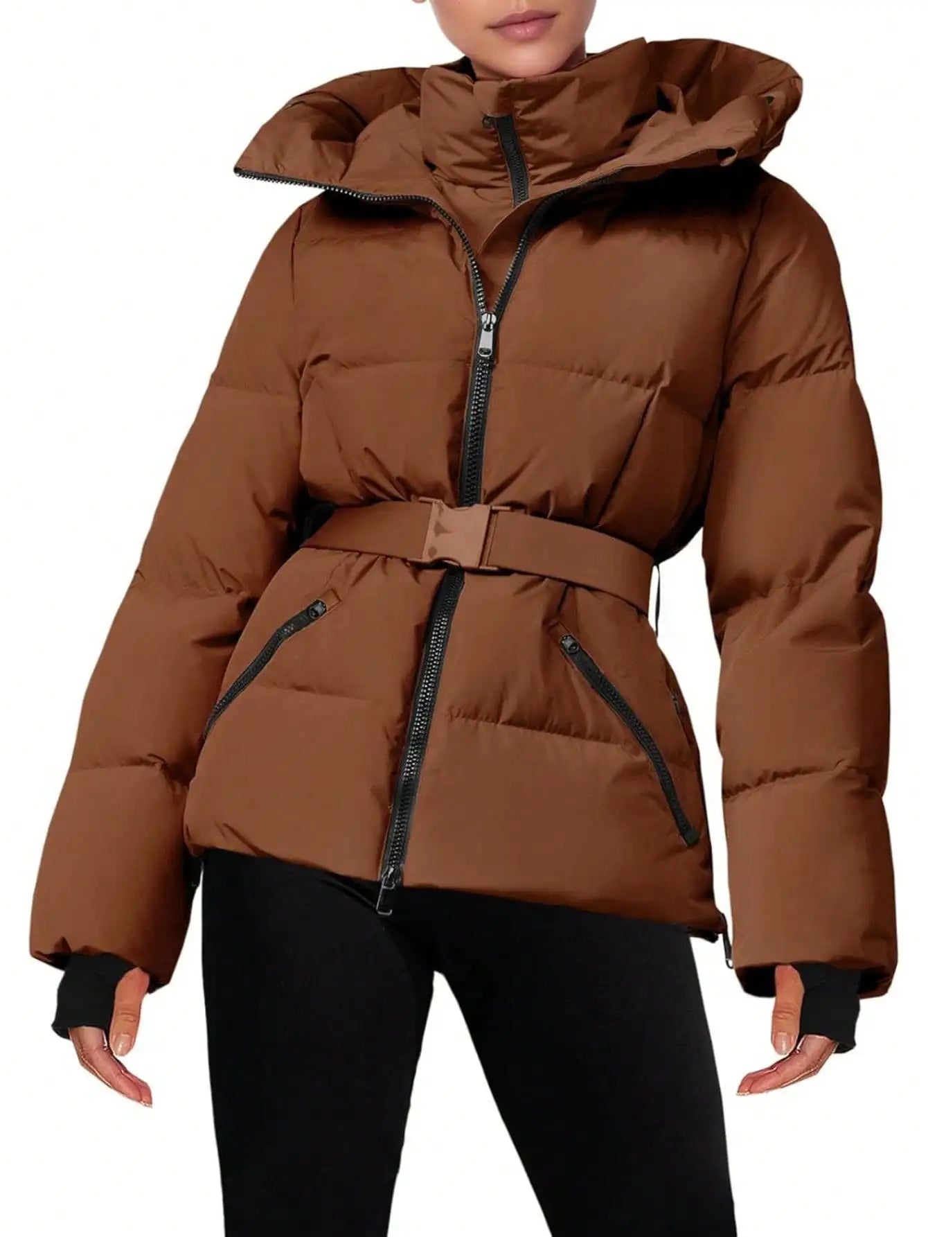 Fisoew Women's Belted Puffer Jacket Waterproof Hooded Coat
