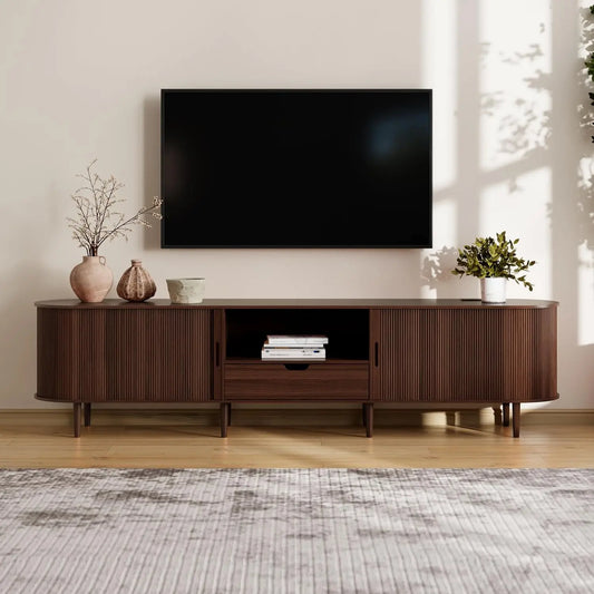 Mid Century Modern TV Stand With Power Outlet Sliding Doors