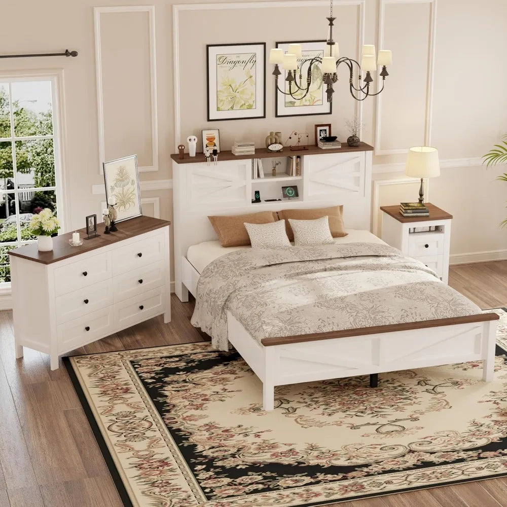 RBXC Farmhouse 3 Piece Bedroom Platform Bed With Storage