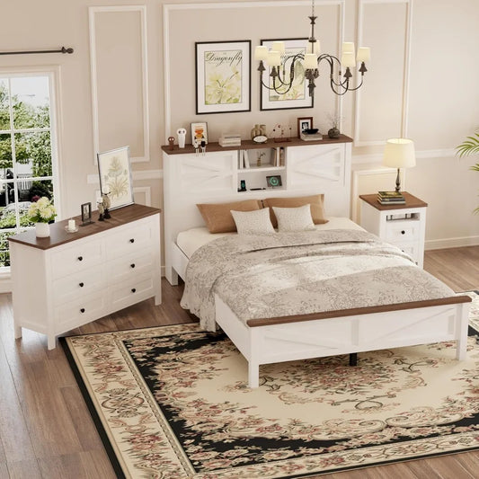RBXC Farmhouse 3 Piece Bedroom Platform Bed With Storage