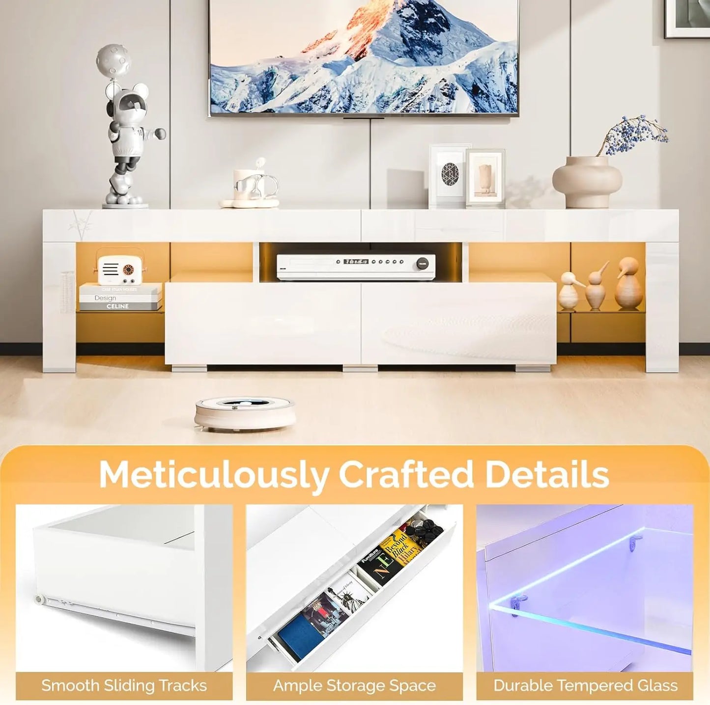 XMSJ High Gloss Modern Entertainment Center With LED Storage