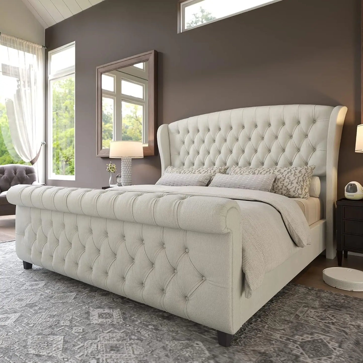 Platform Bed Frame Chenille Upholstered Sleigh With Button Tufted Headboard