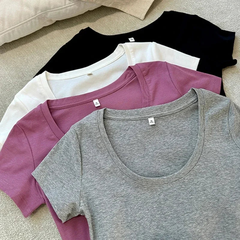 CN Guangdong Womens Cotton O Neck TShirt Slim Fit Top