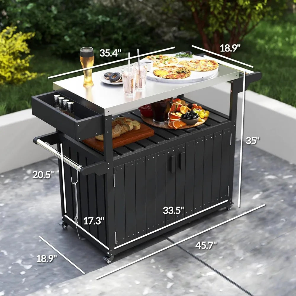 Outdoor Bar Cart With Storage Cabinet Movable Patio Beverage Table