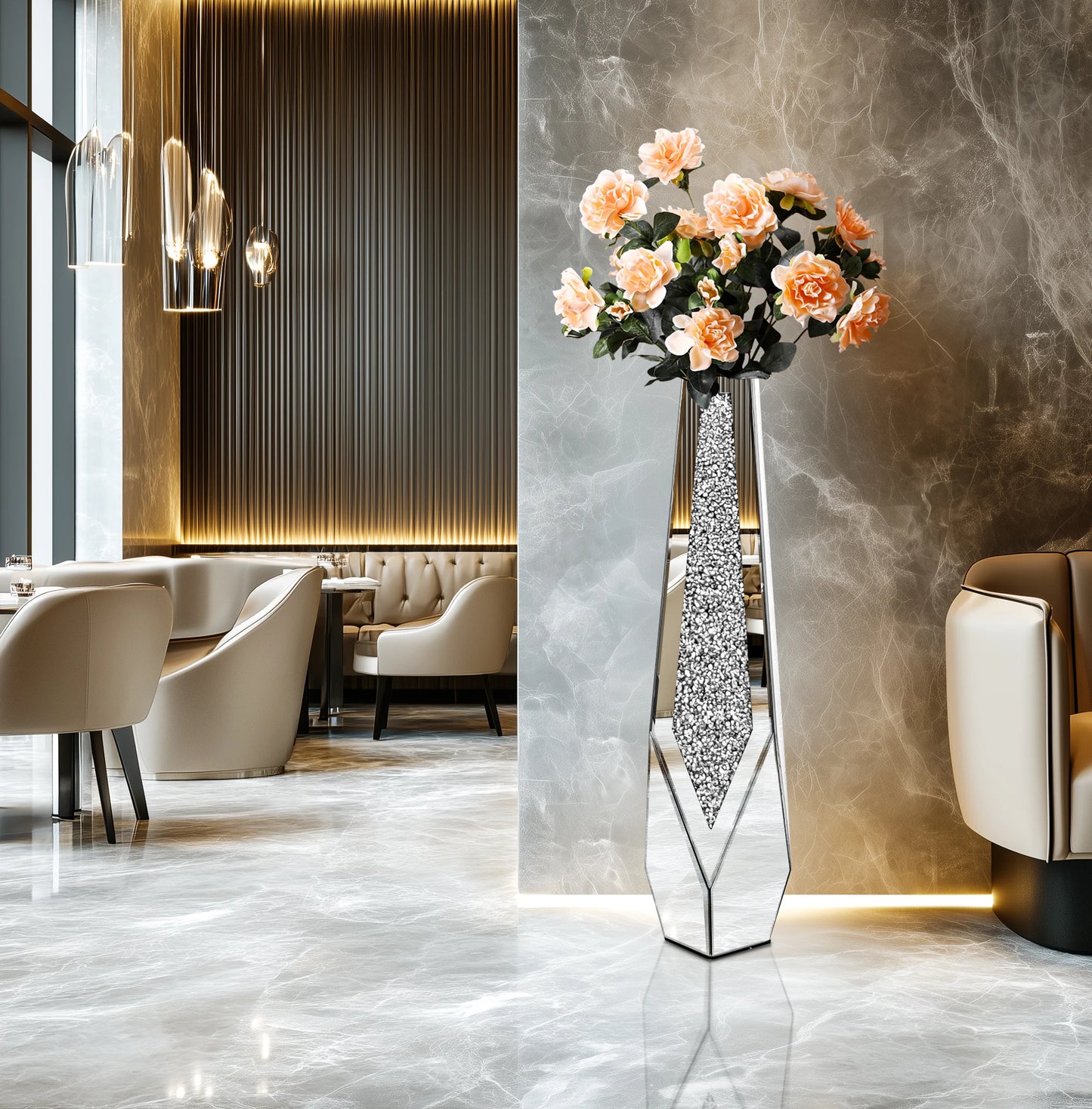 Function Tall Floor Mirror Vase With Crushed Diamond Glass
