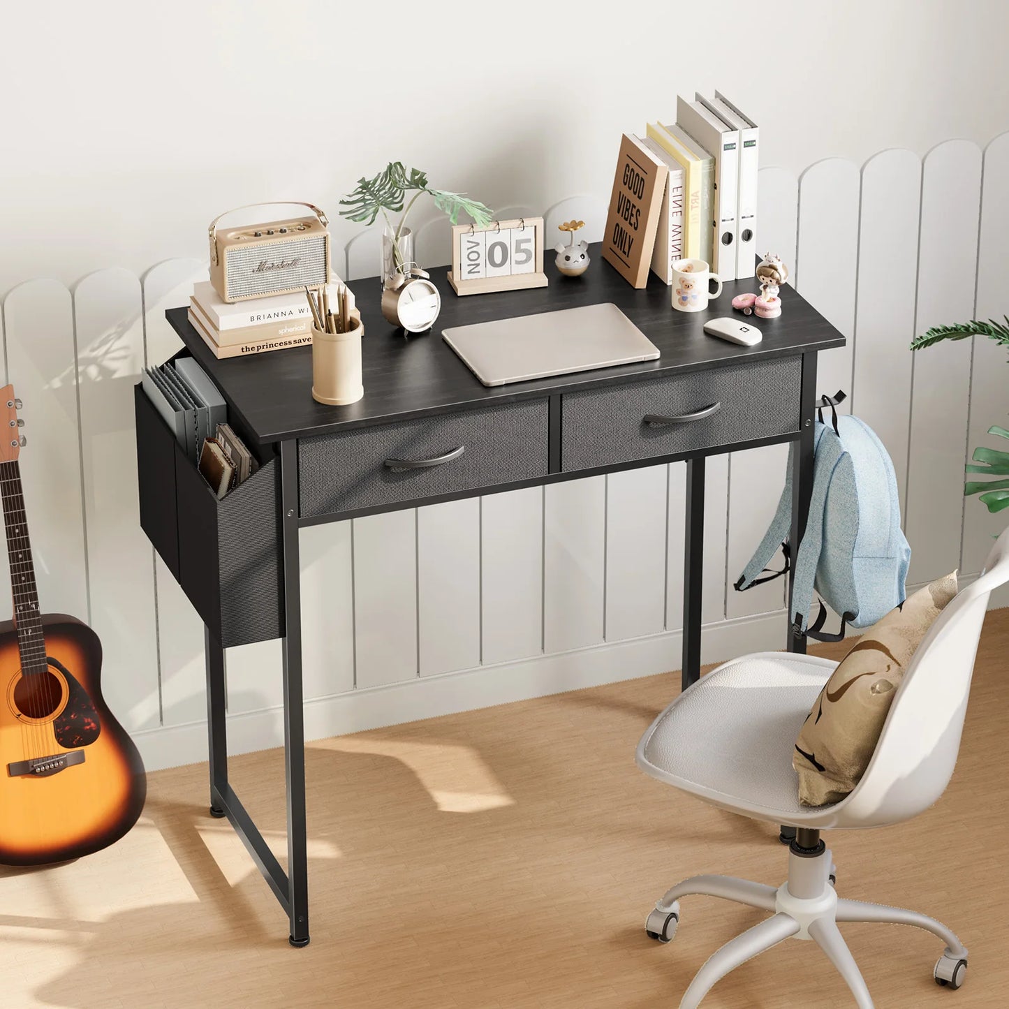 JHK Modern Office Desk With Fabric Storage Drawers Metal Frame