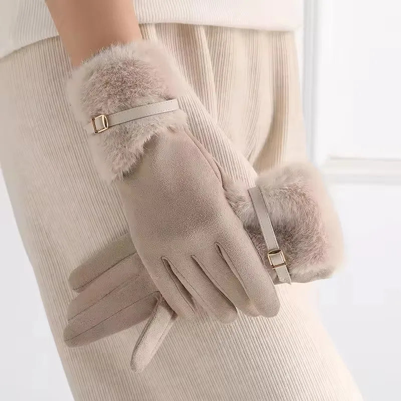 NONECN Winter Plush Warm Touch Screen Gloves For Women Windproof