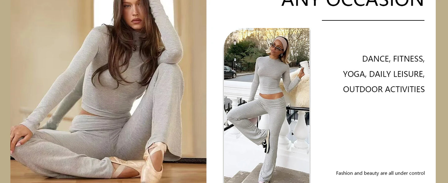 Women's Yoga Two Piece Long Sleeve Wide Leg Activewear Set