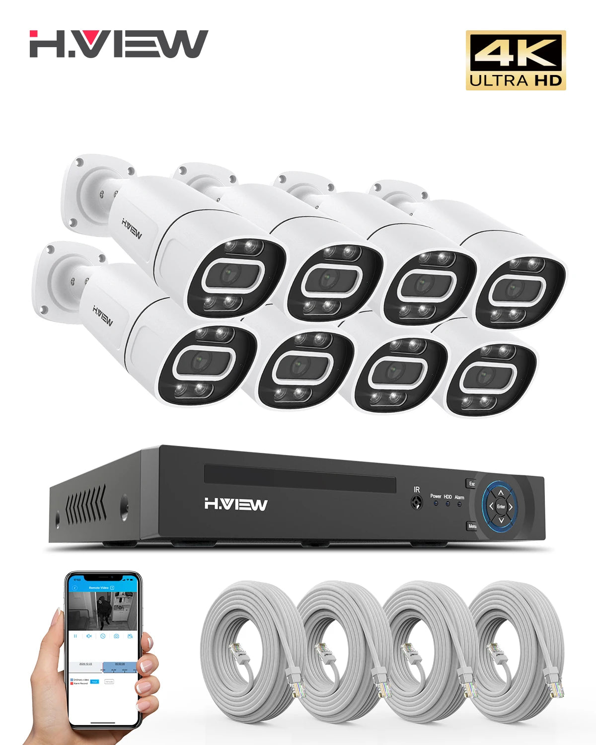 H.VIEW 4K 5MP 8MP PoE CCTV Security Camera System Kit