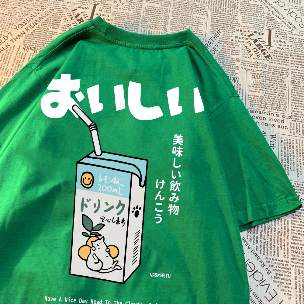 Hampson Lanqecn Cute Japanese Cat Print Tee Shirt Casual