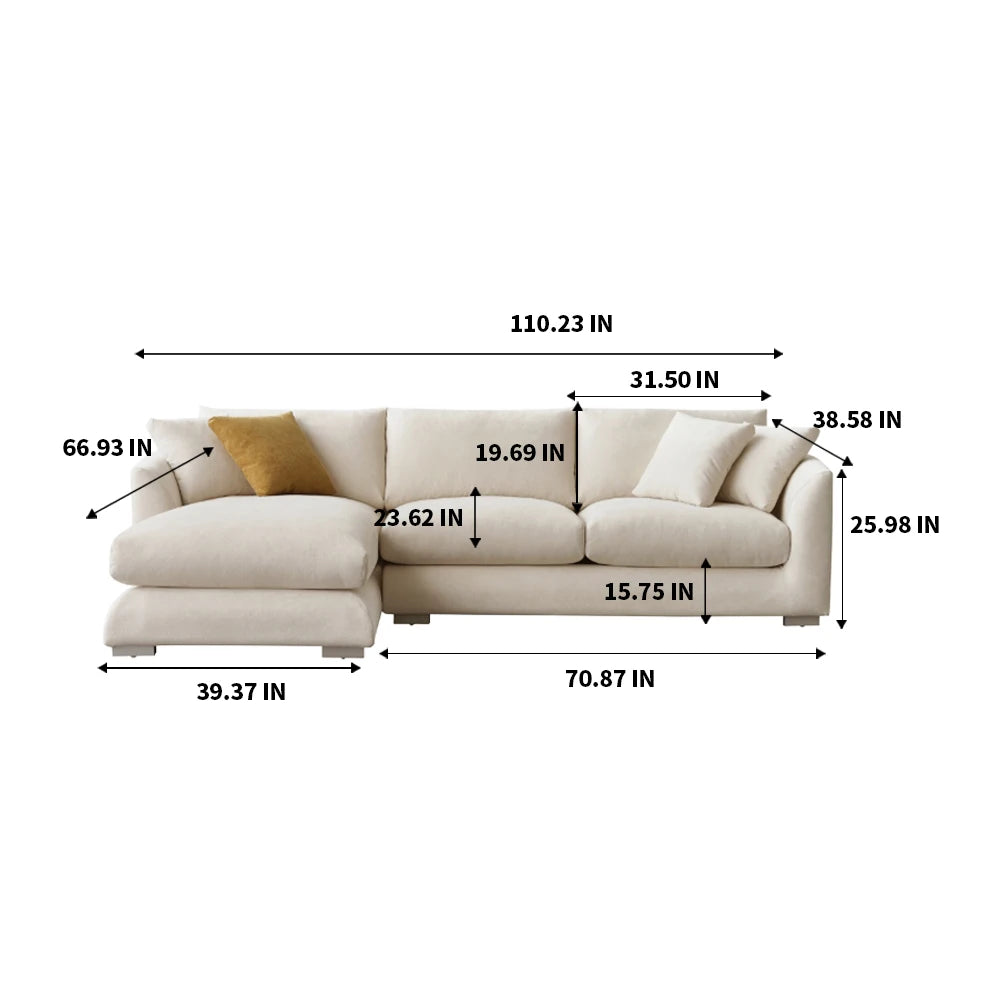 Cloud Down Filled L-Shaped Chaise Sofa Recliner Modern Linen