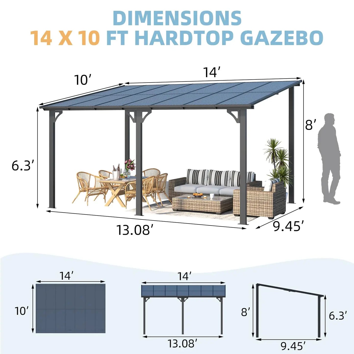 Heavy Duty Aluminum Gazebo For Patio Hard Top Outdoor Shade