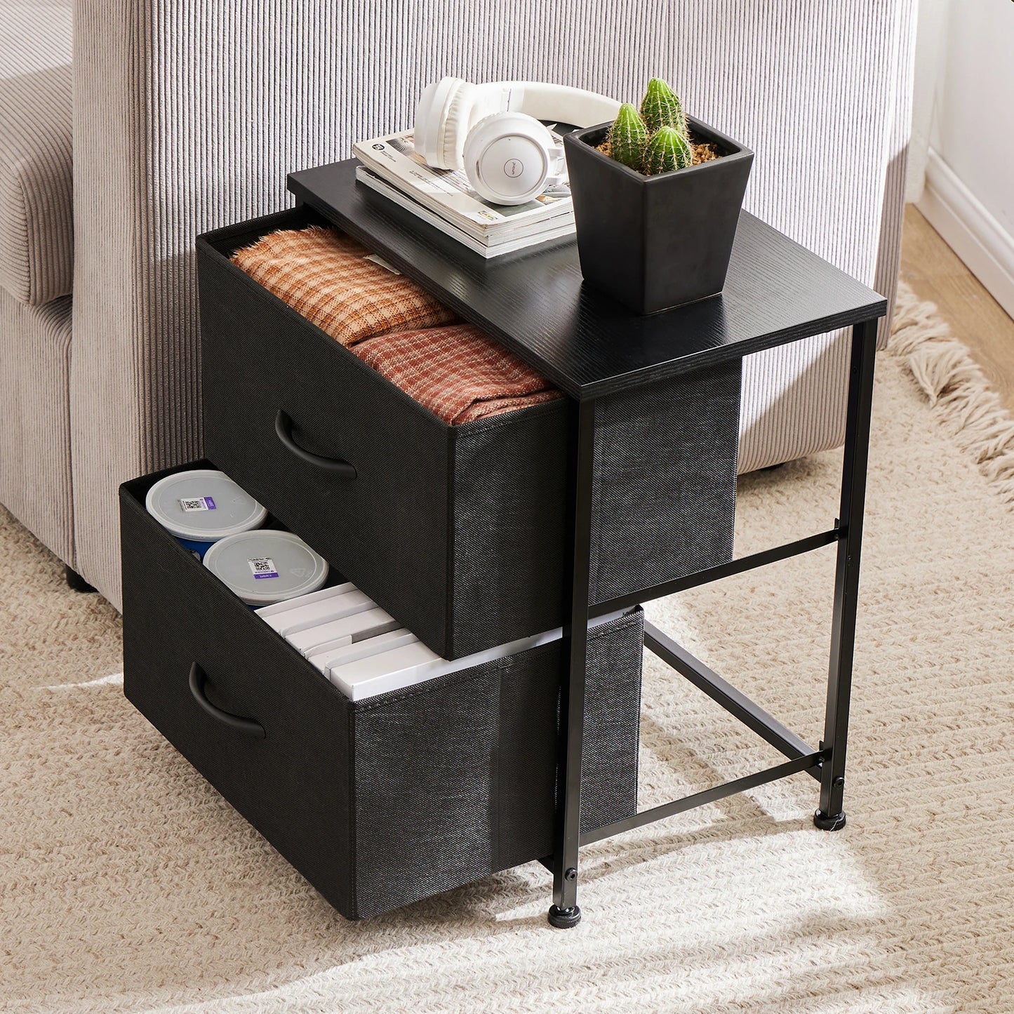 JHK Nightstand Bedside Table With Fabric Drawers Storage Cabinet