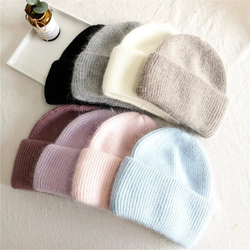 Warm Cashmere Wool Beanie With Rabbit Fur For Women Outdoor