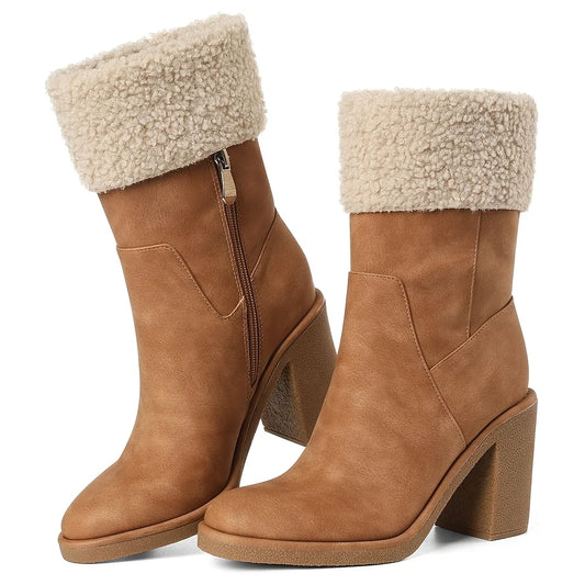 Womens Winter Faux Fur Block Heel Snow Boots For Office