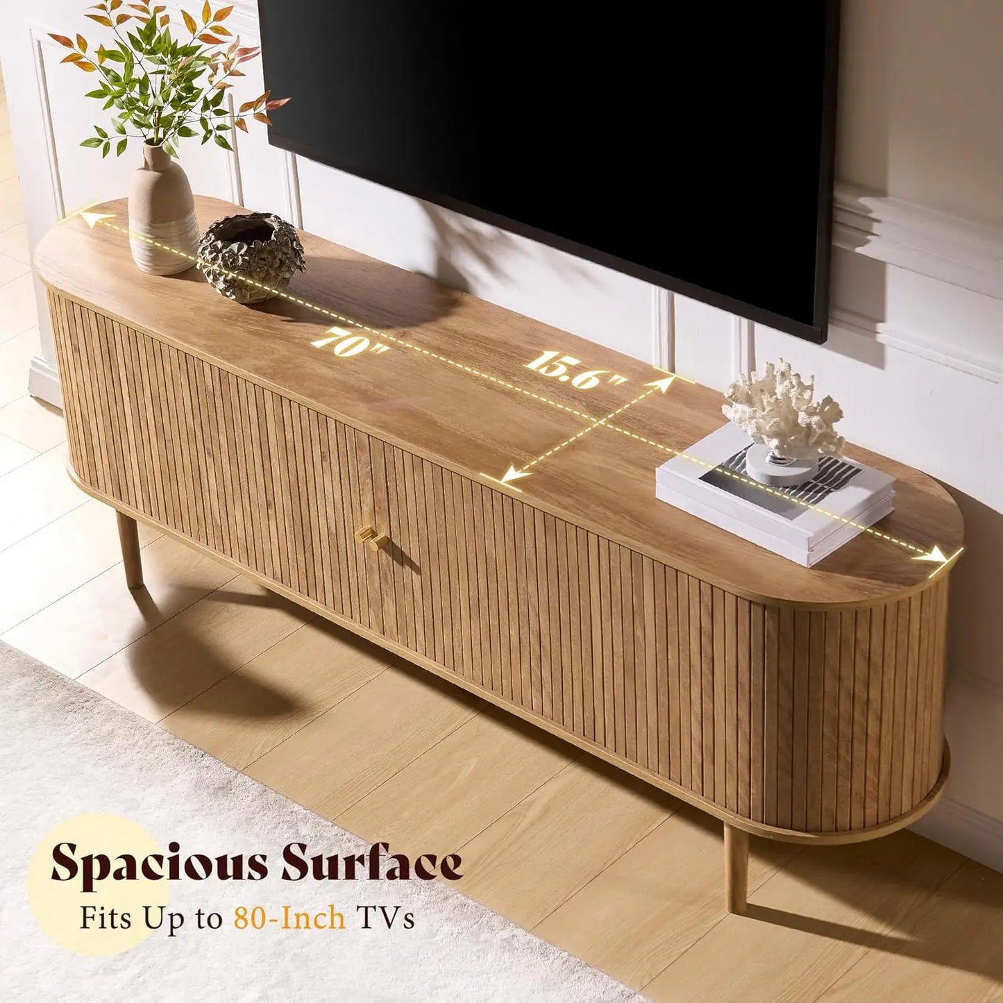 Mid Century Modern Fluted Wood TV Stand With Storage
