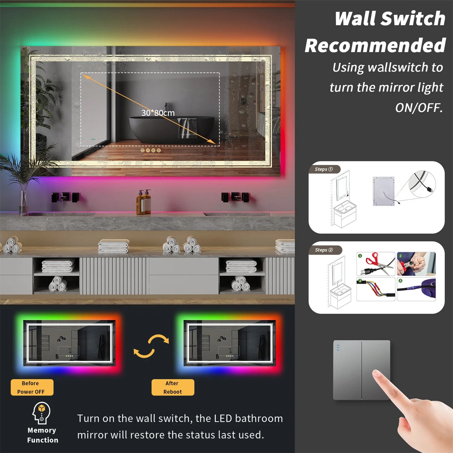 Wisfor LED Vanity Mirror RGB Backlit Dimmable Anti Fog