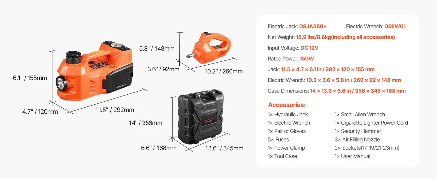 Succebuy 12V Electric Car Jack With Built-In Inflator LED Light