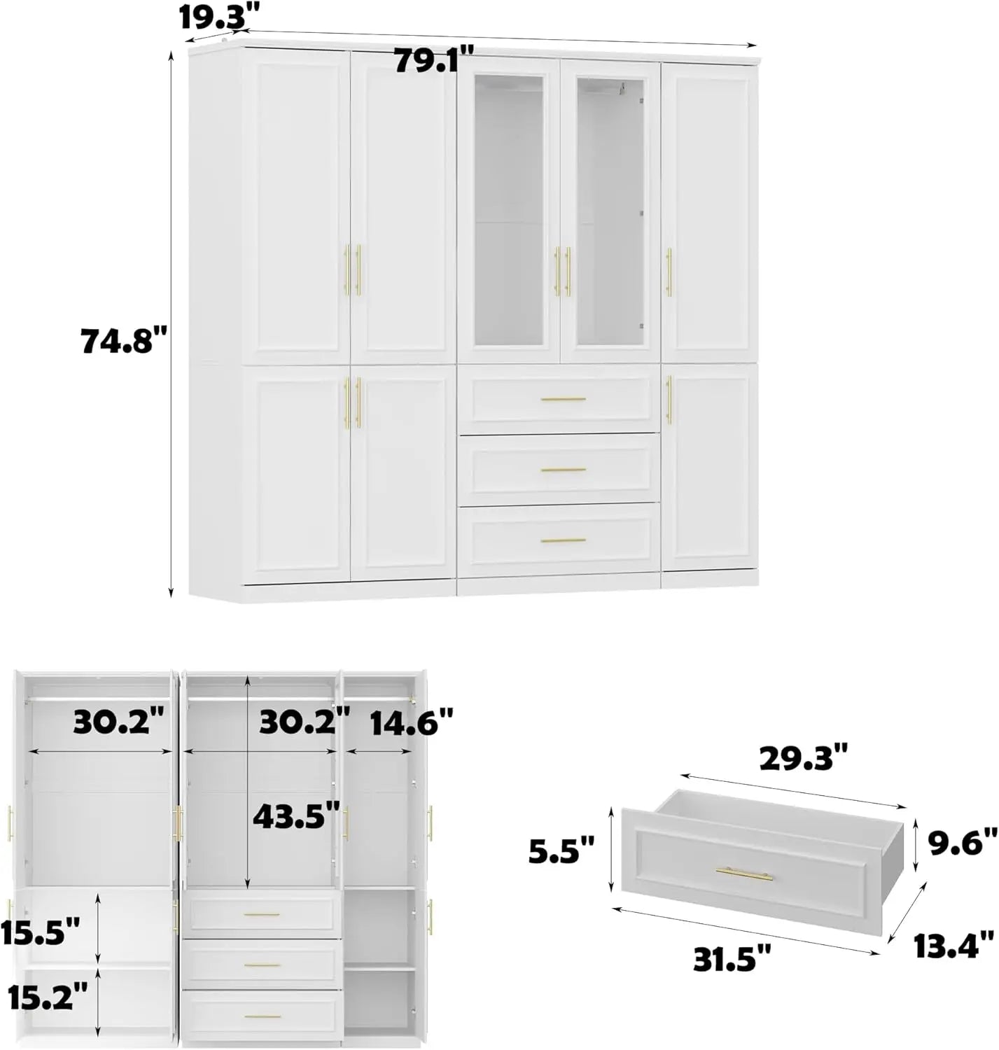 Wardrobe Closet With Doors Modern Armoire Gold Handles