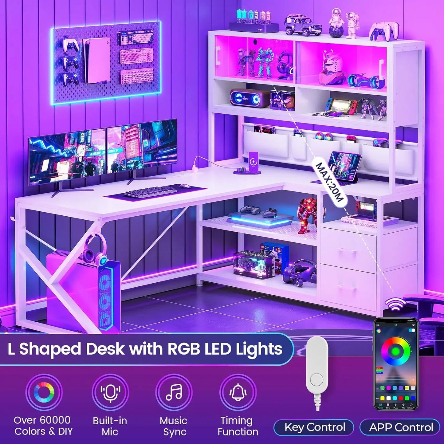 General Use L Shaped Gaming Desk With 2 Drawers Bookshelf