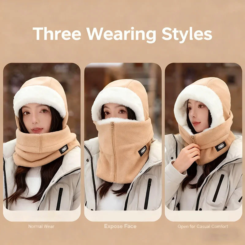 NONECN Winter Warm Integrated Plush Hat With Windproof Mask