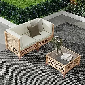 Outdoor Wicker Patio Furniture Set with Boho Sectional Sofa and Glass Coffee Table