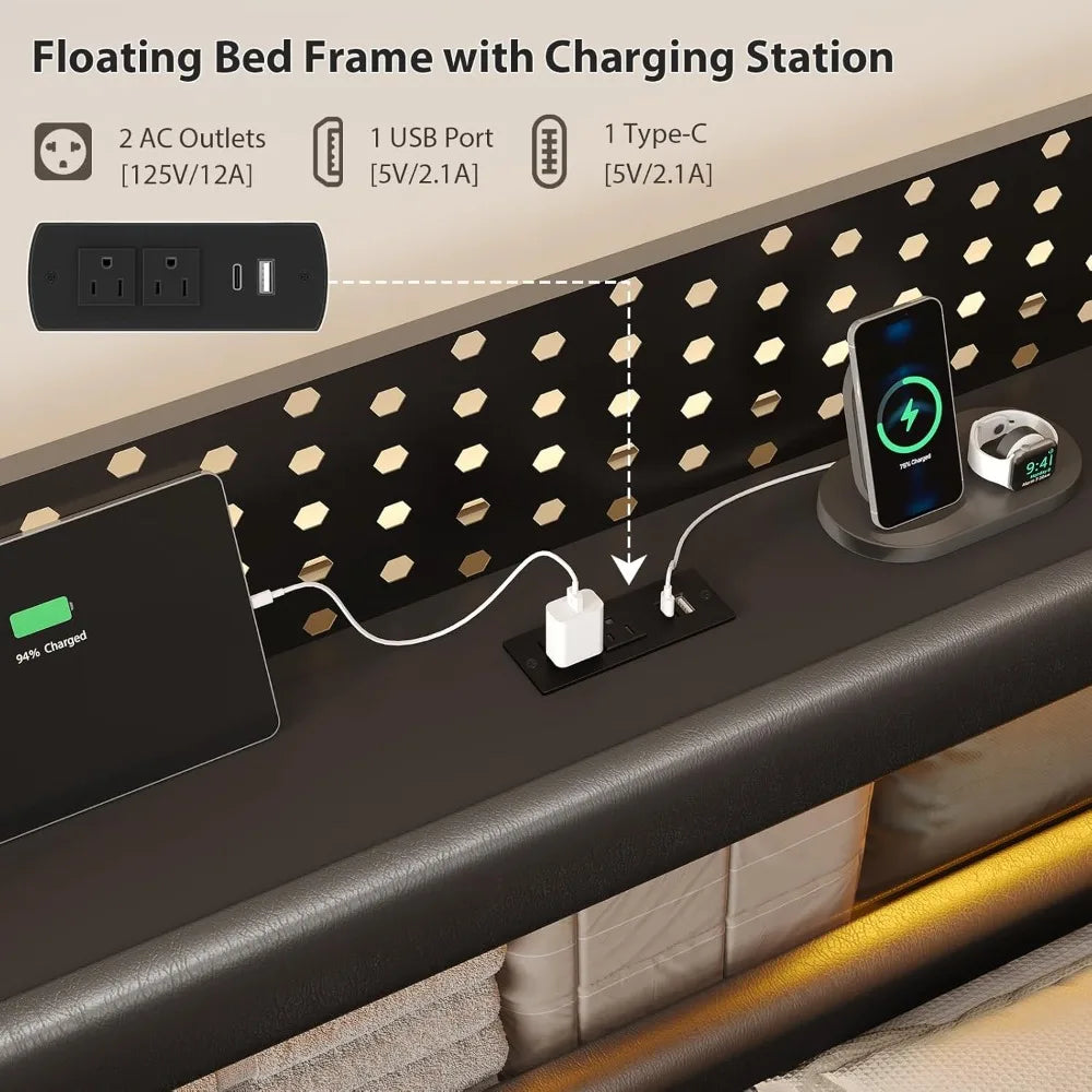 Floating Bed Frame Storage Headboard LED Lights And Charging Station