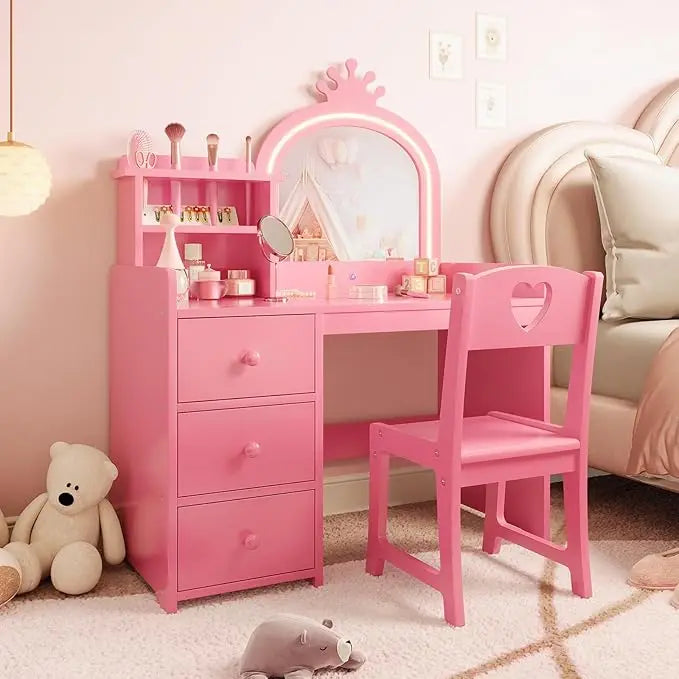 HiMISS Kids Vanity With Lighting 2 In 1 Makeup Desk