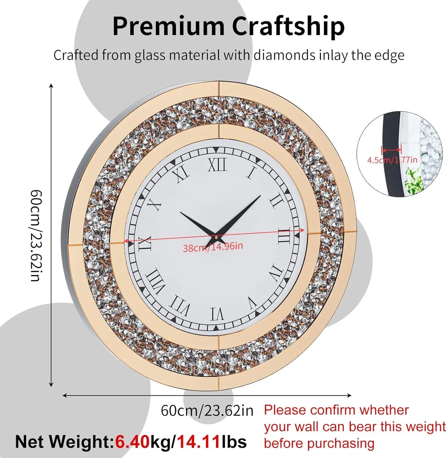 Round Crushed Diamond Wall Clock With Mirrored Surface