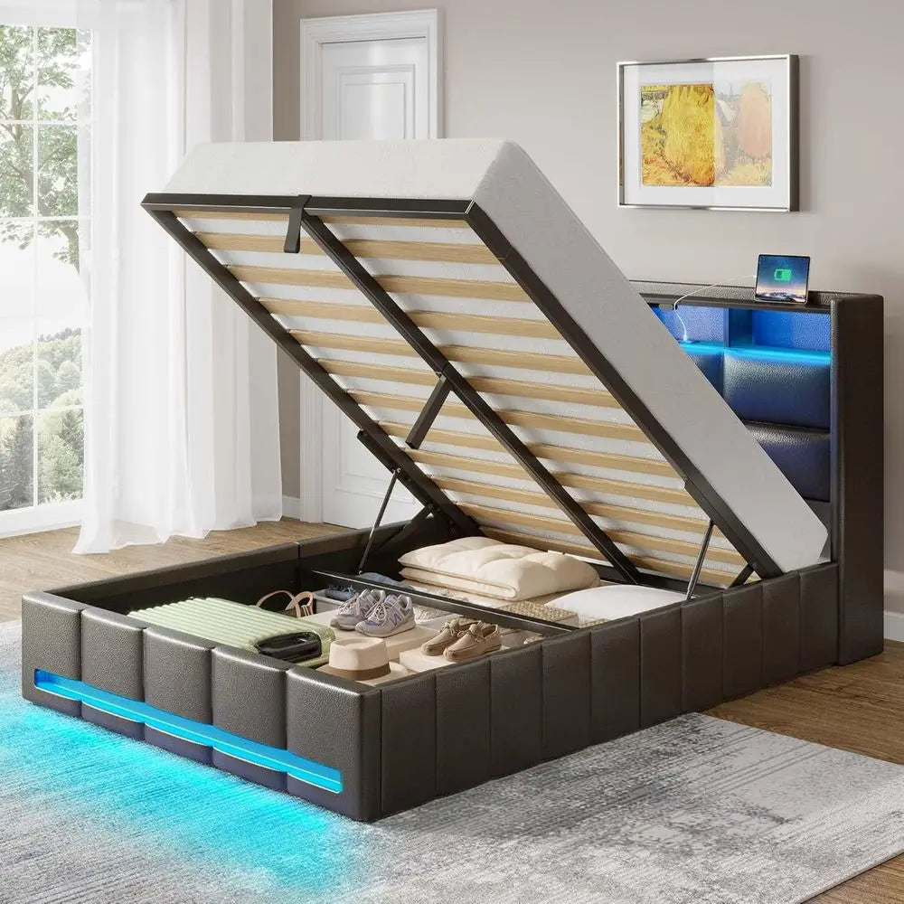 Twin Bed With Illuminated Storage And USB Charging Headboard