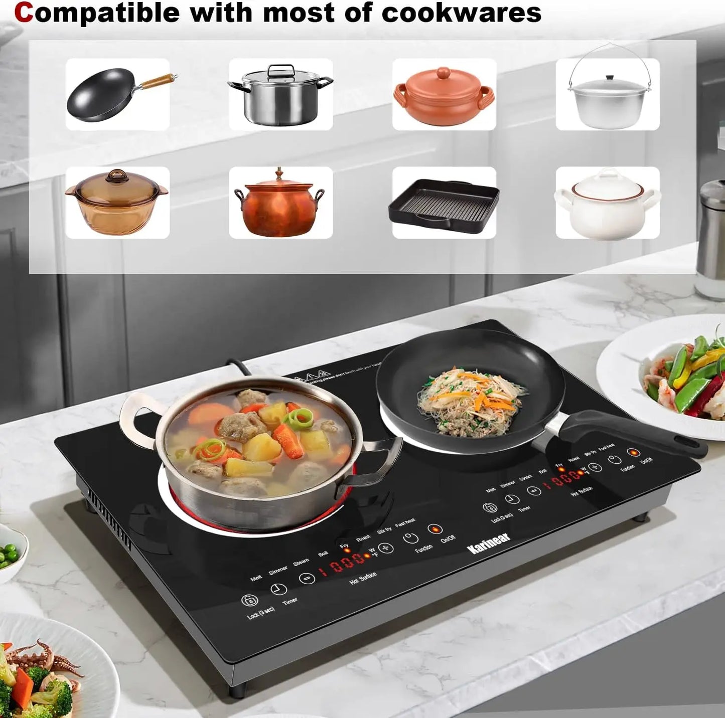 Karinear 2 Burner Ceramic Electric Cooktop Dual Voltage Plug