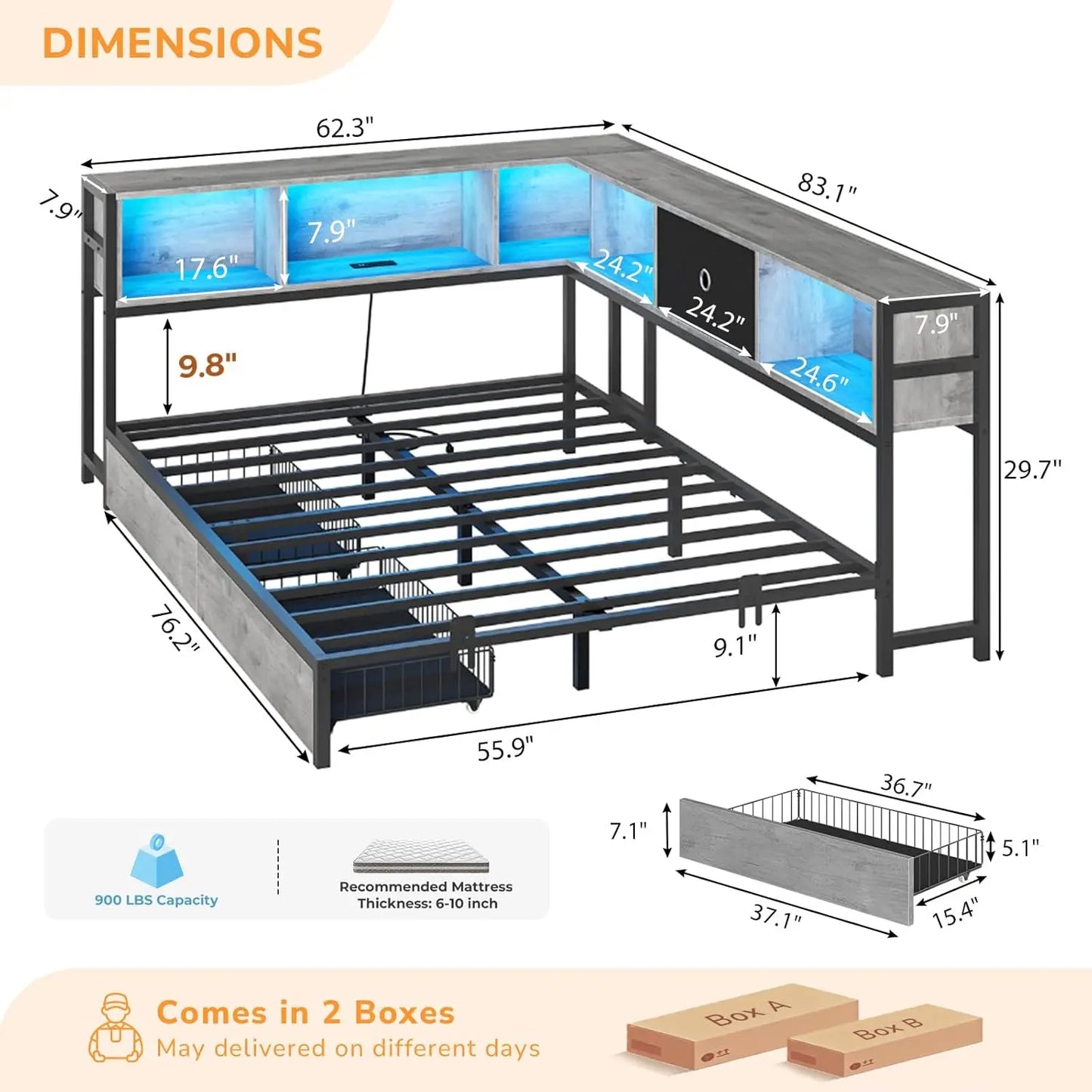 Corner Bed Frame With LED Bookcase Storage And Charging Station