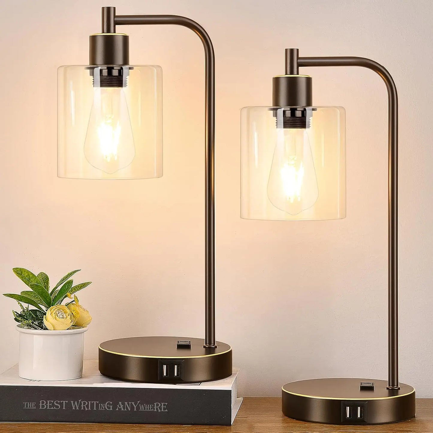 Industrial Touch Table Lamps Set Of 2 USB Ports AC Outlet
