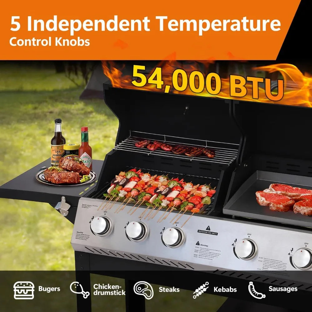 5 Burner Propane Gas Grill Griddle Combo Dual Zone BBQ