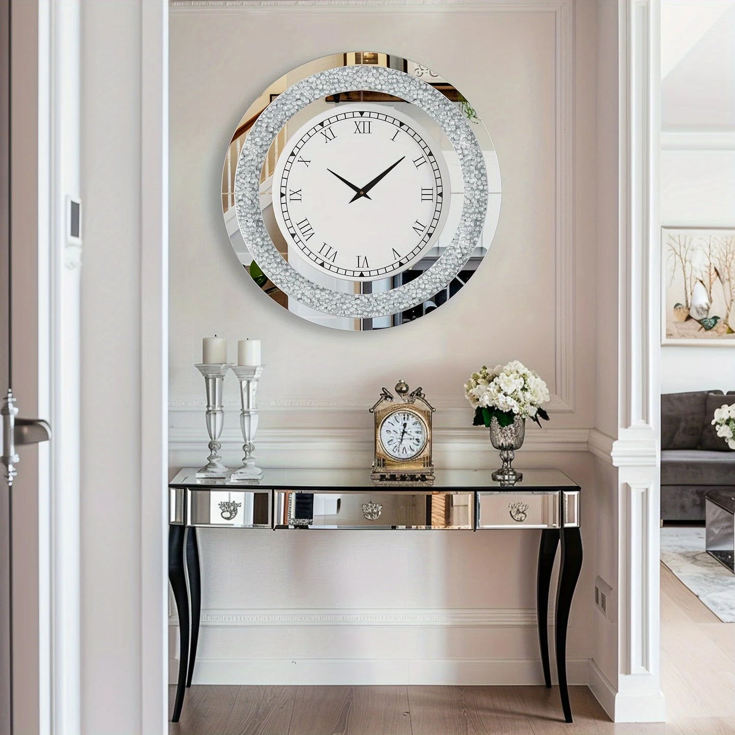 Wisfor Decorative Round Mirror Wall Clock With Crystal Sparkle Bling