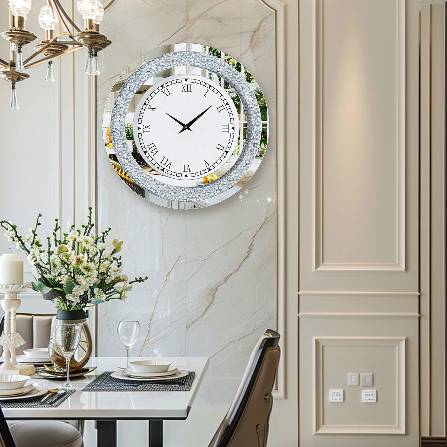 Combination Round Mirror Wall Clock Crystal Sparkle