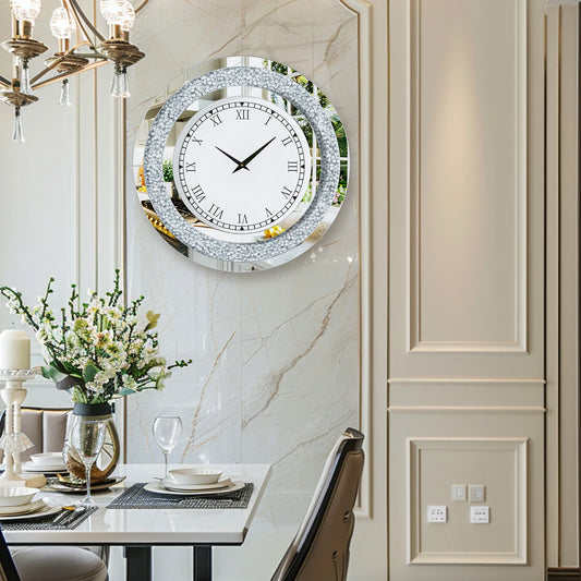 Combination Round Mirror Wall Clock Crystal Sparkle