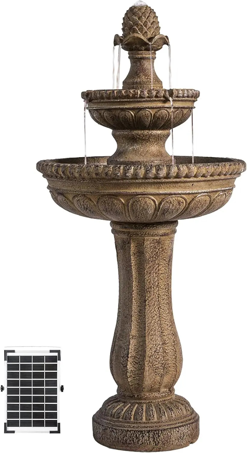 Solar Powered Two Tier Outdoor Water Fountain Sand Stone Resin