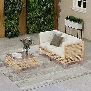 Outdoor Wicker Patio Furniture Set with Boho Sectional Sofa and Glass Coffee Table