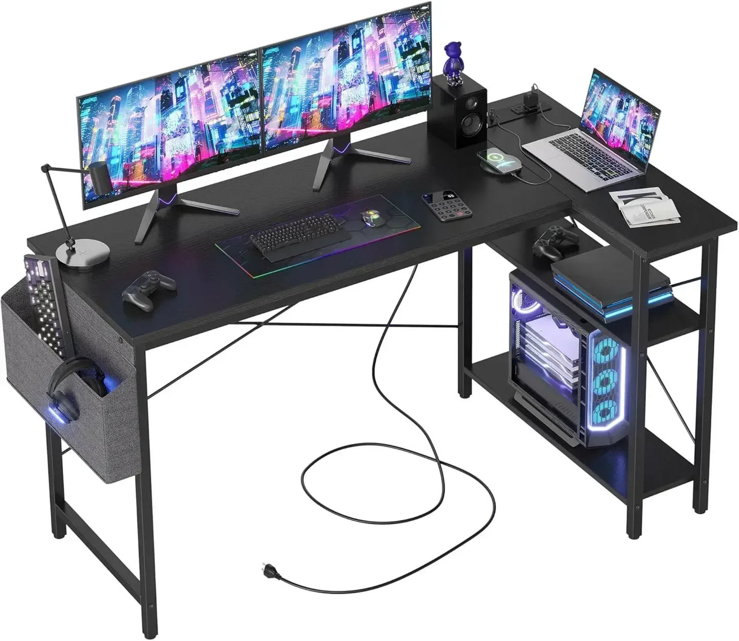 XMSJ L Shaped Desk With Power Outlets And Reversible Shelves